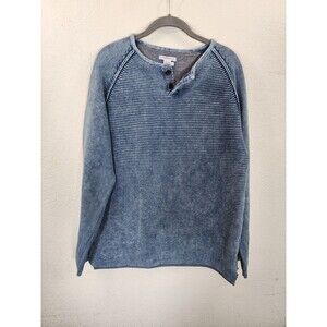 Carbon 2 Cobalt Mens Sweater L Blue Cotton Ribbed Knit Henley Pullover